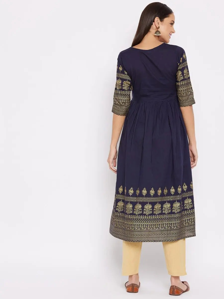 winered-dark-blue-flared-cotton-floral-print-kurta