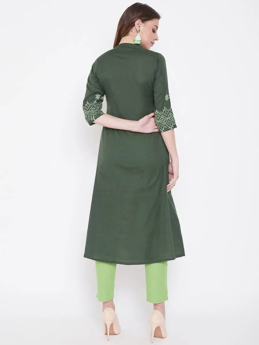 winered-dark-green-a-line-cotton-embroidered-kurta