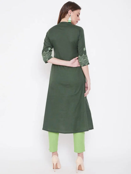 winered-dark-green-a-line-cotton-embroidered-kurta