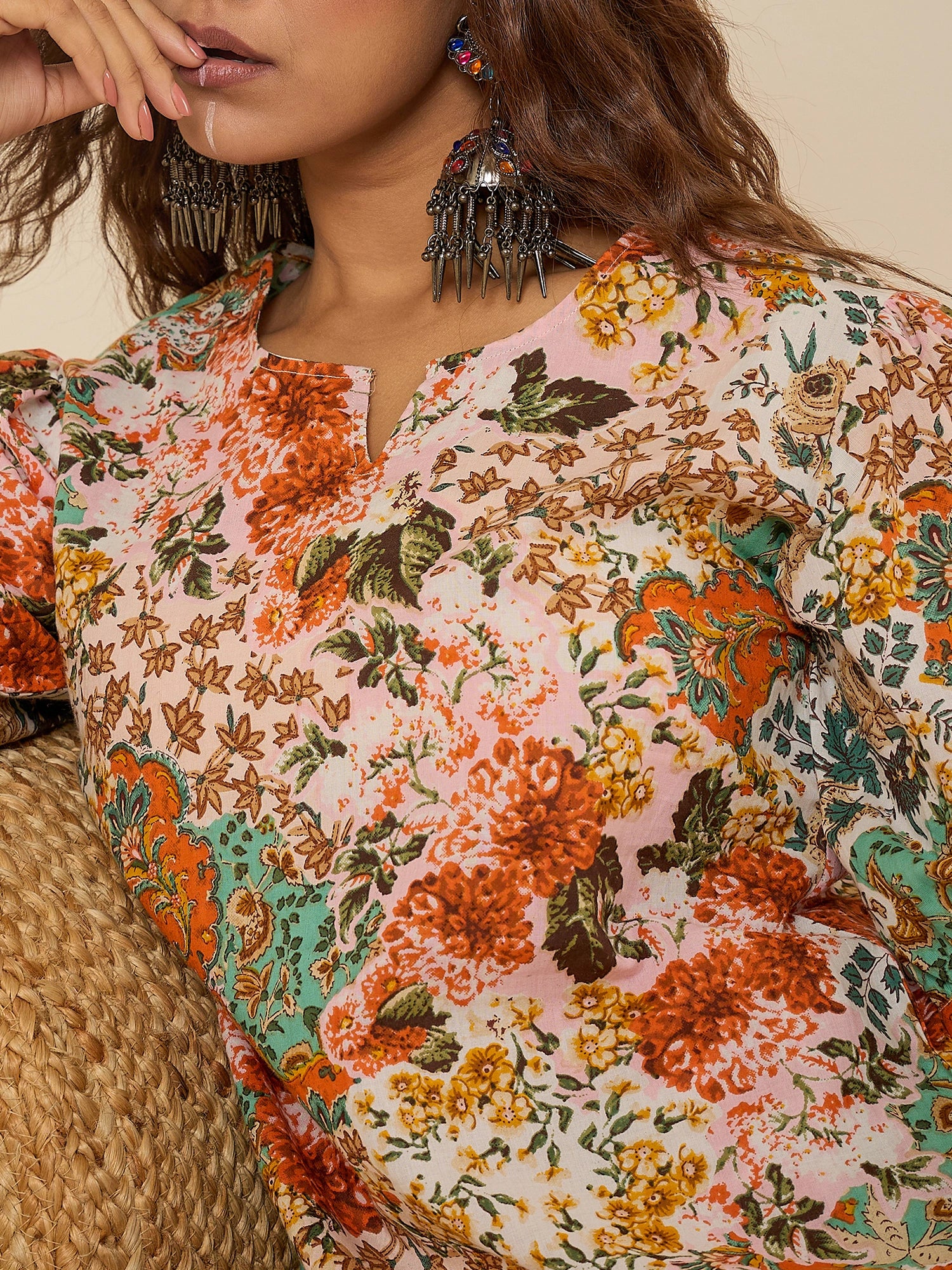 women-white-floral-print-puff-sleeve-tunic-co-ord-set