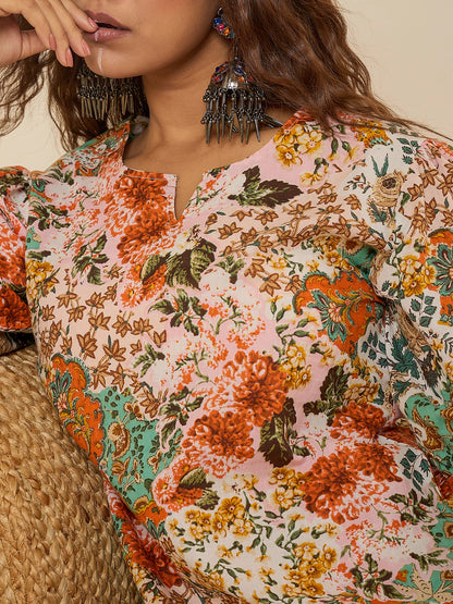 women-white-floral-print-puff-sleeve-tunic-co-ord-set