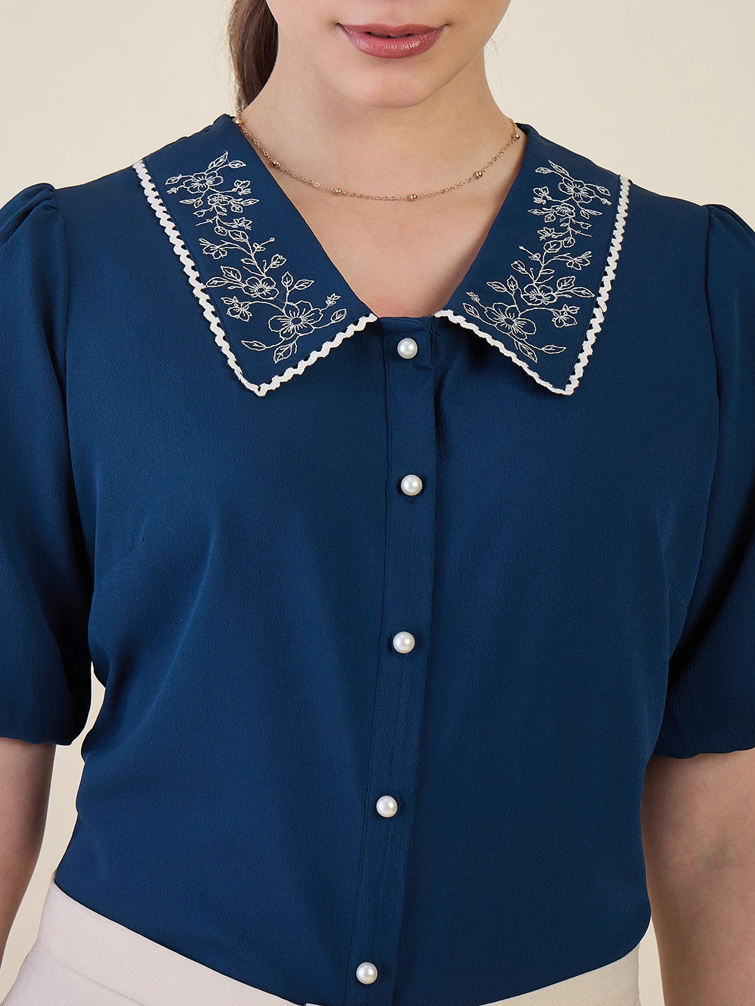 Women Blue Embriodered Collar Puff Sleeve Top