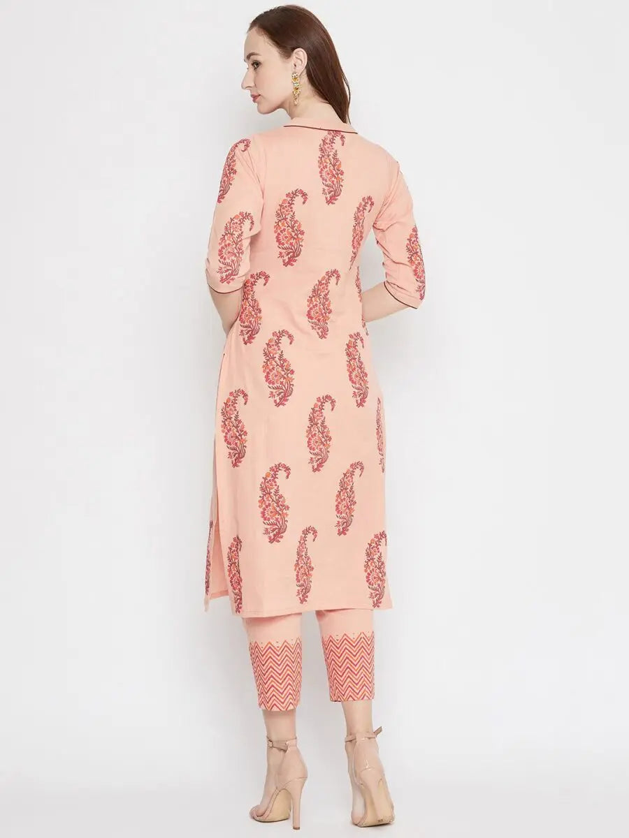 winered-peach-straight-cotton-printed-kurta-and-pant-set