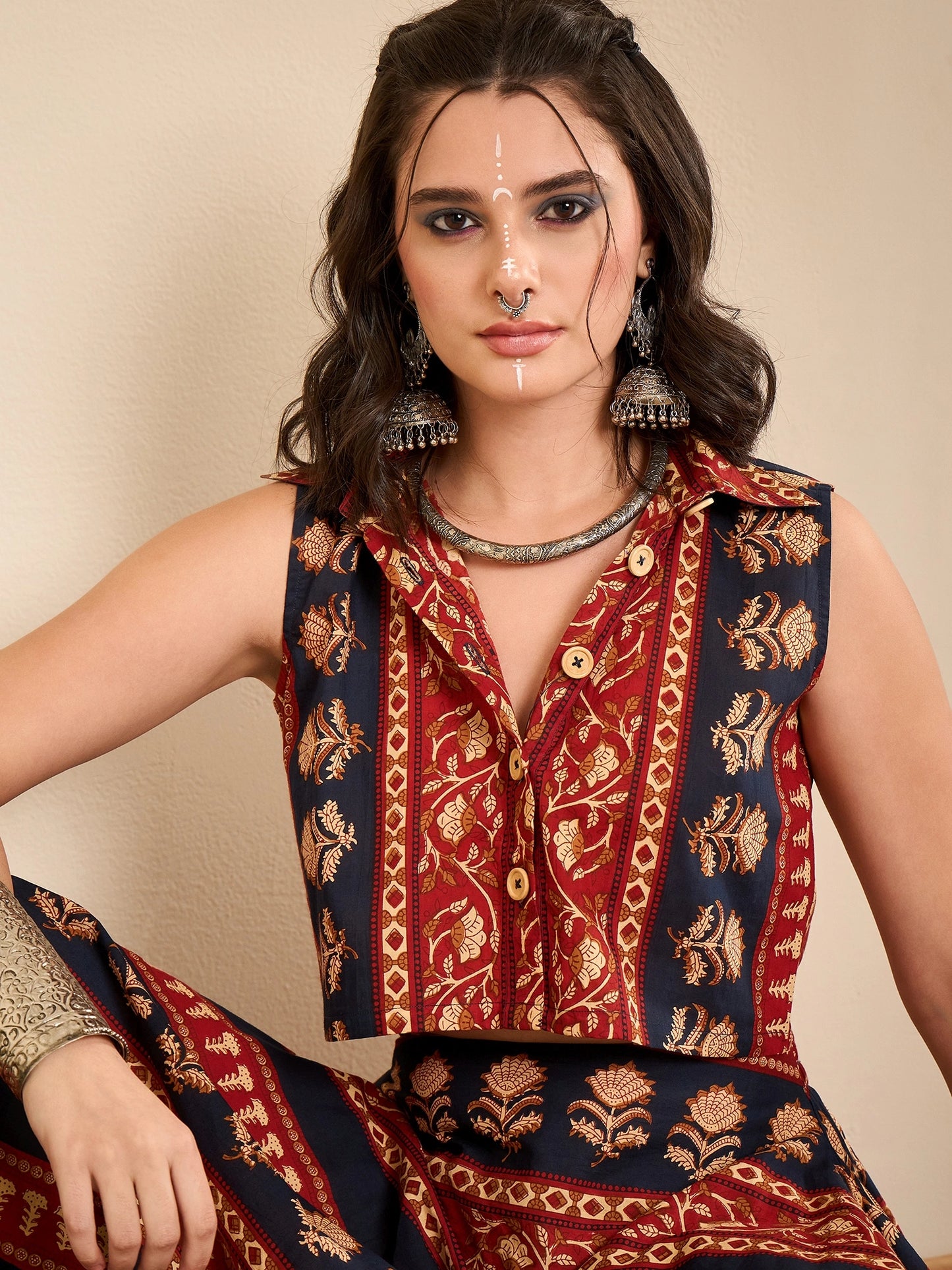 Women Bordered Crop Shirt and Harem Pant Co-Ord Set