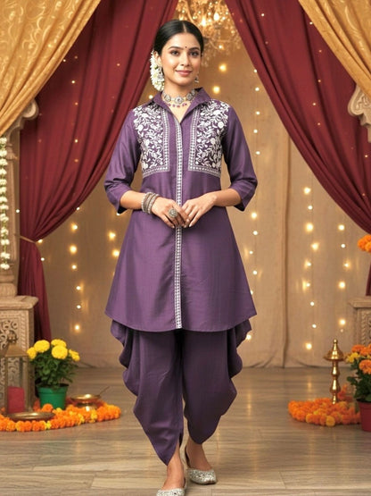 Women Purple Embroidered Tunic with Harem Salwar Coord Set