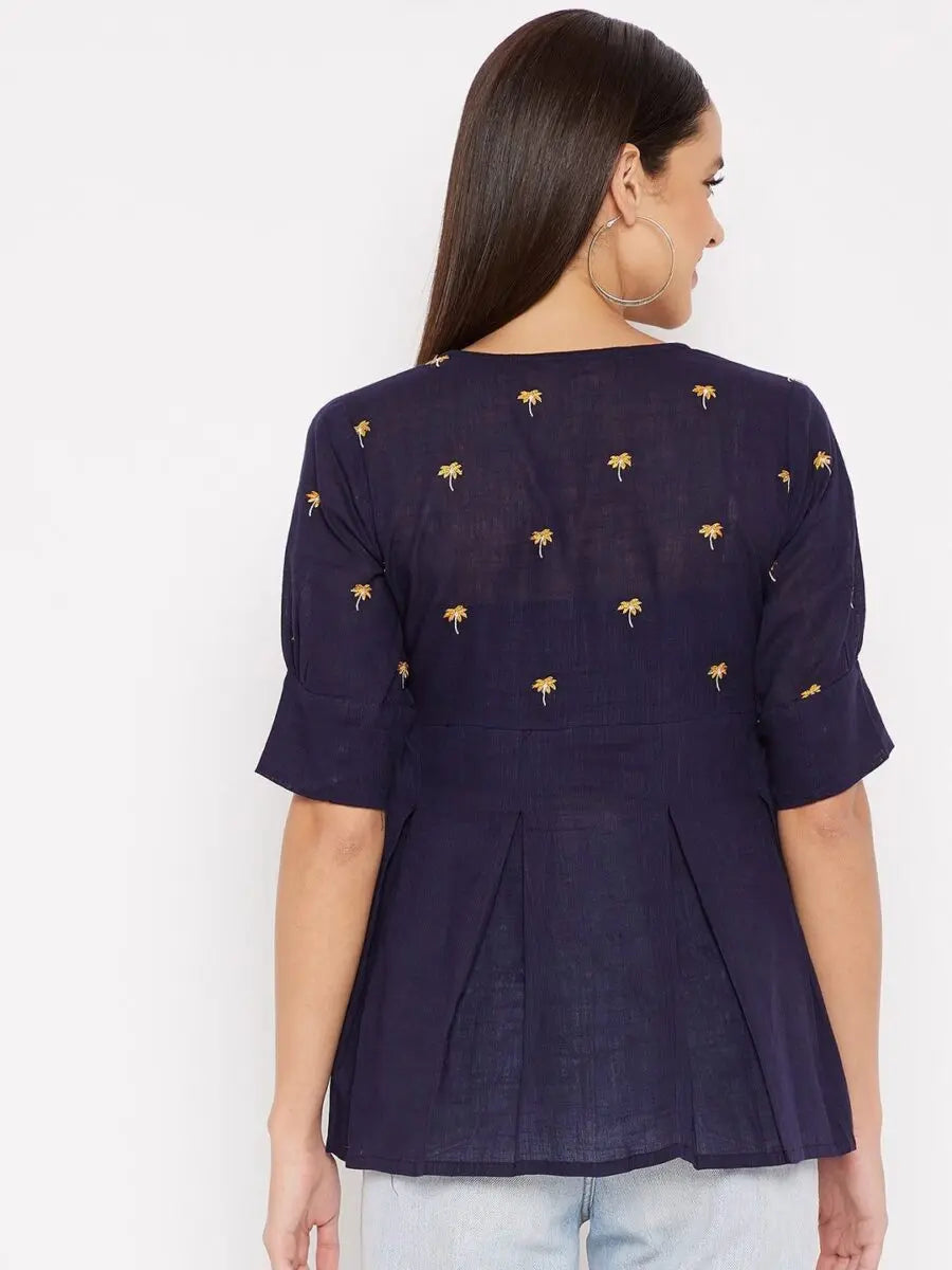 winered-navy-blue-a-line-cotton-embroidered-top