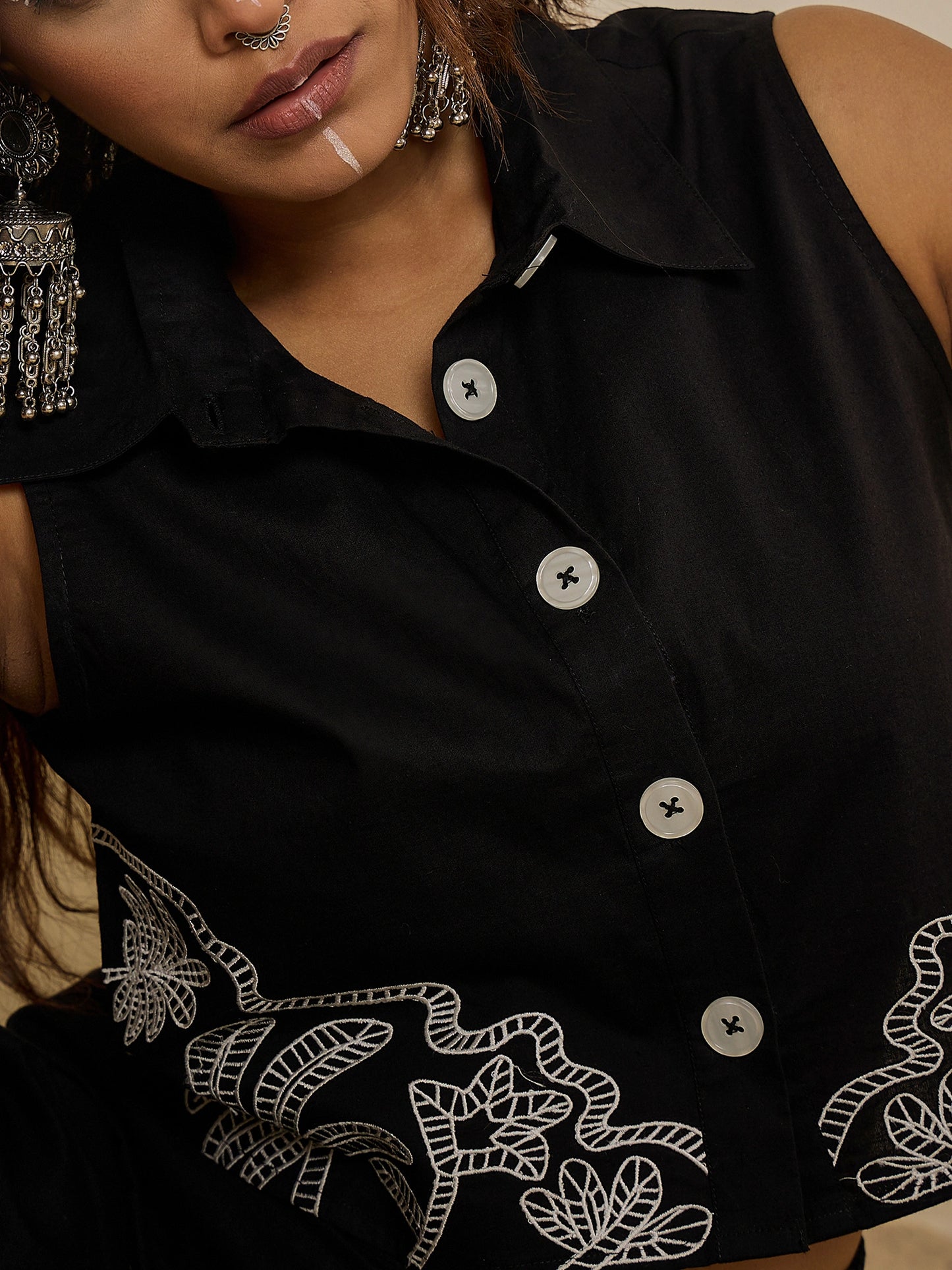 Black Cotton Embroidered Crop Top with flared Pant Co-ord Set