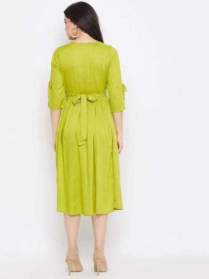 winered-green-gathered-rayon-embroidered-dress