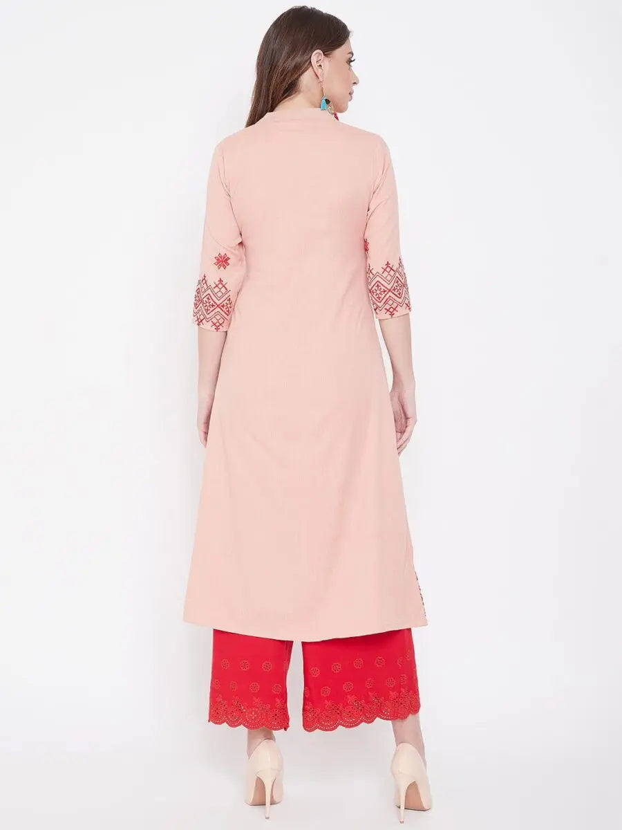 winered-peach-a-line-cotton-embroidered-kurta
