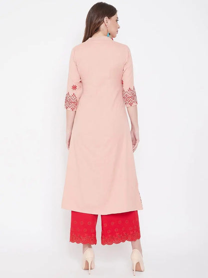 winered-peach-a-line-cotton-embroidered-kurta