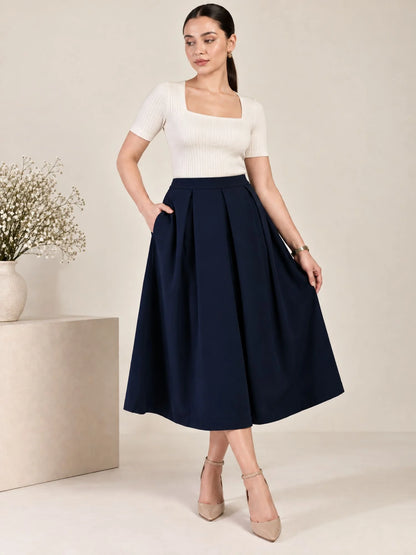 Women Solid Pleated Midi Skirt