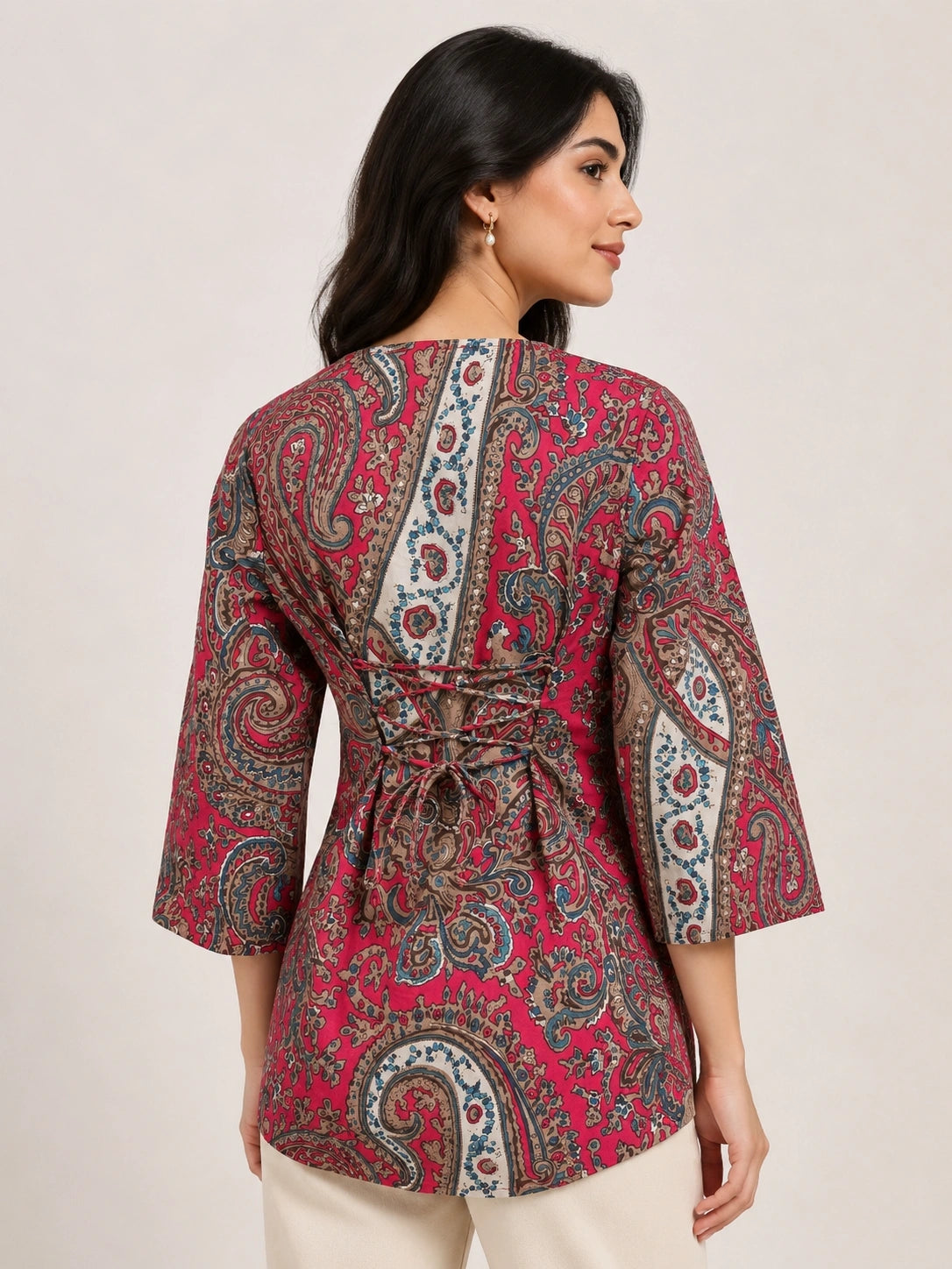 Women's Pink Paisley Print Short Kurti with V-Neck Lace Detail and Three-Quarter Sleeves for Casual Wear