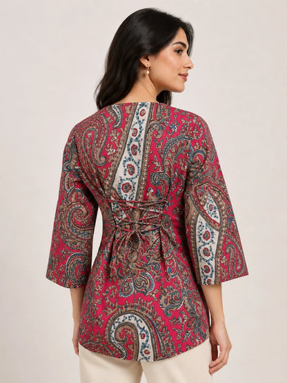 Women's Pink Paisley Print Short Kurti with V-Neck Lace Detail and Three-Quarter Sleeves for Casual Wear