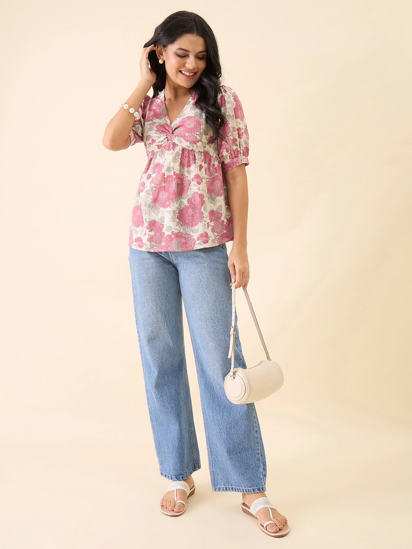 Women Beige Twisted Yoke Top