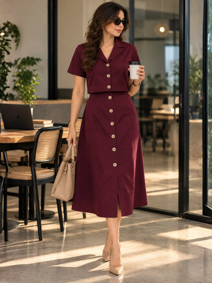 Women's Burgundy Solid Shirt and A-line Skirt Co-ord Set