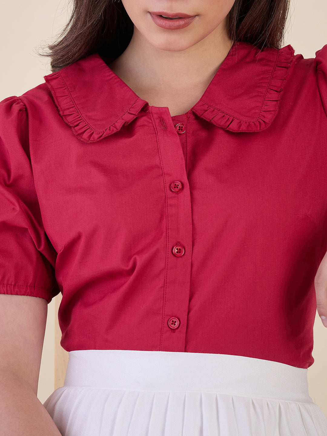 Women Pink Ruffle Collar Puff Sleeve Top