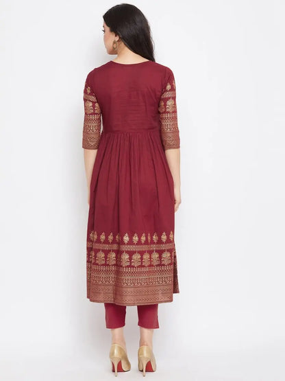 winered-maroon-flared-cotton-floral-print-kurta
