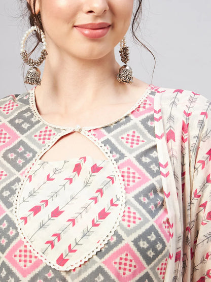 winered-woman-beige-and-pink-geometric-print-flared-kurta-set