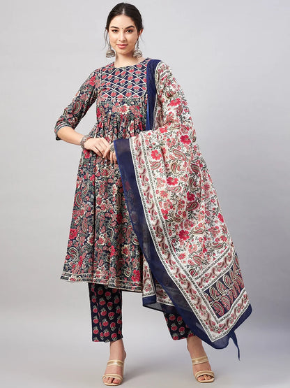 winered-woman-navy-blue-paisley-print-gota-detailing-patch-kurta-set-with-dupatta