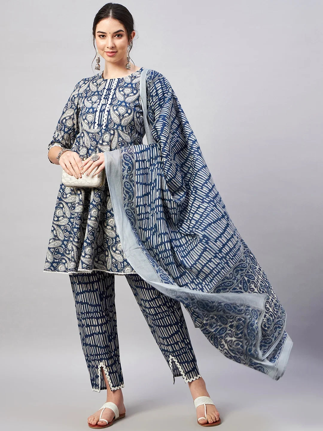 winered-woman-blue-kurta-set-paisley-print-flared-short-kurta