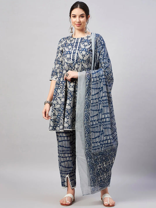 winered-woman-blue-kurta-set-paisley-print-flared-short-kurta
