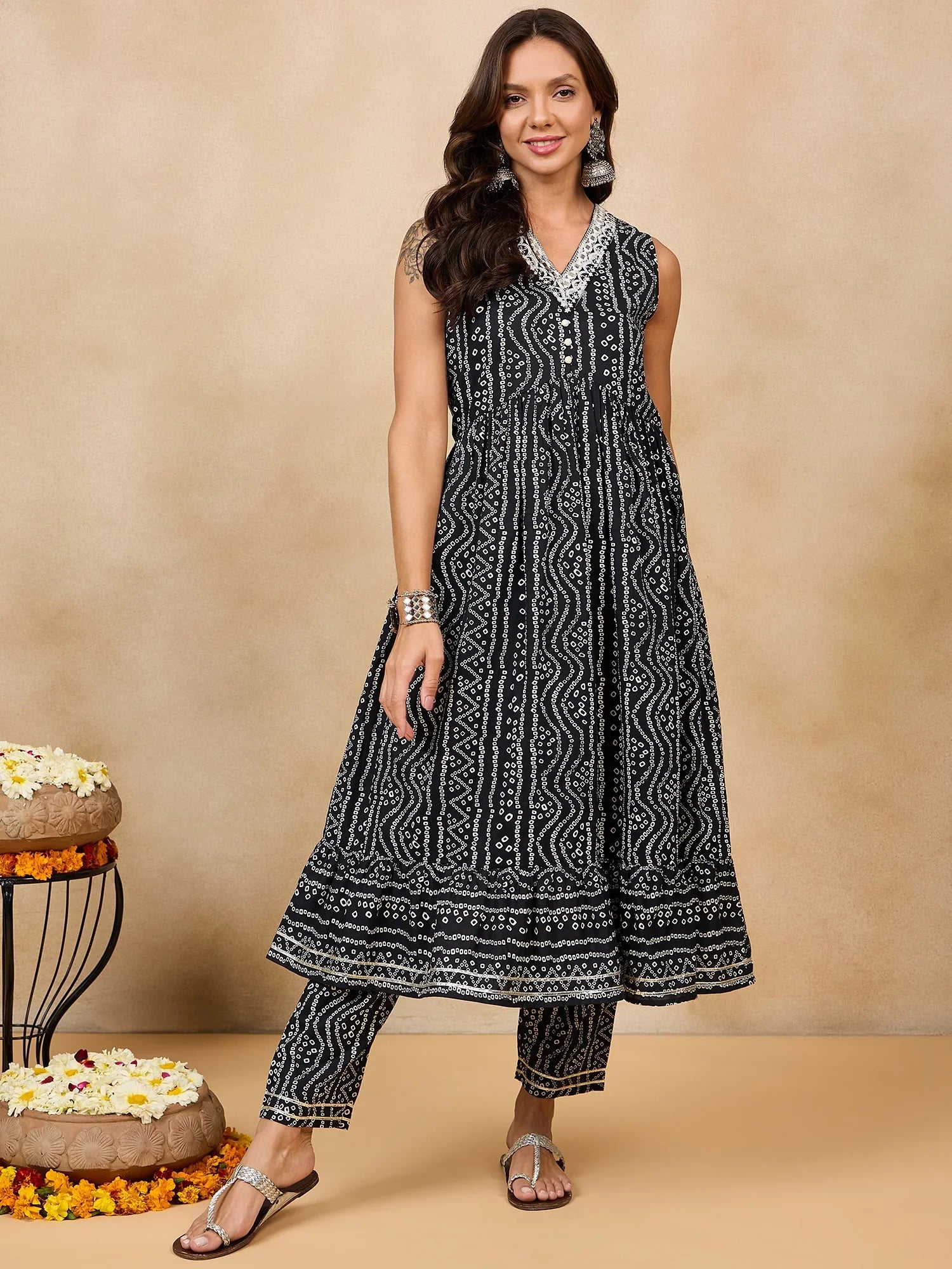 winered-black-bandhej-embroidered-cotton-stitched-straight-kurta-set-with-palazzo