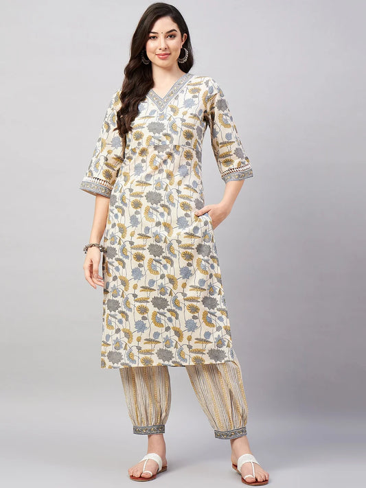 winered-woman-off-white-botanical-print-kurta-set