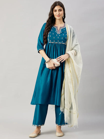 winered-woman-peacock-blue-with-neck-embroidery-flared-kurta-set-with-dupatta