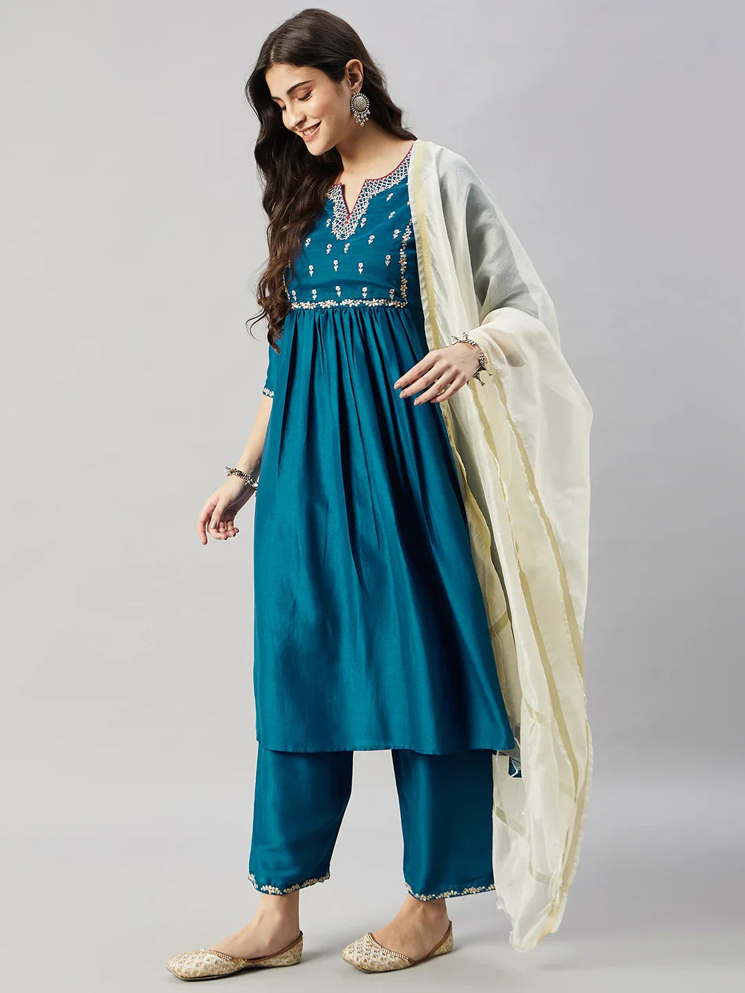 winered-woman-peacock-blue-with-neck-embroidery-flared-kurta-set-with-dupatta
