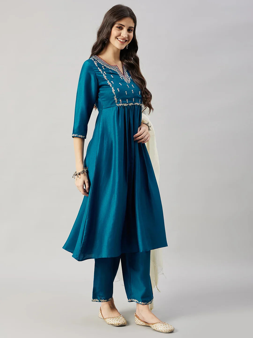 winered-woman-peacock-blue-with-neck-embroidery-flared-kurta-set-with-dupatta