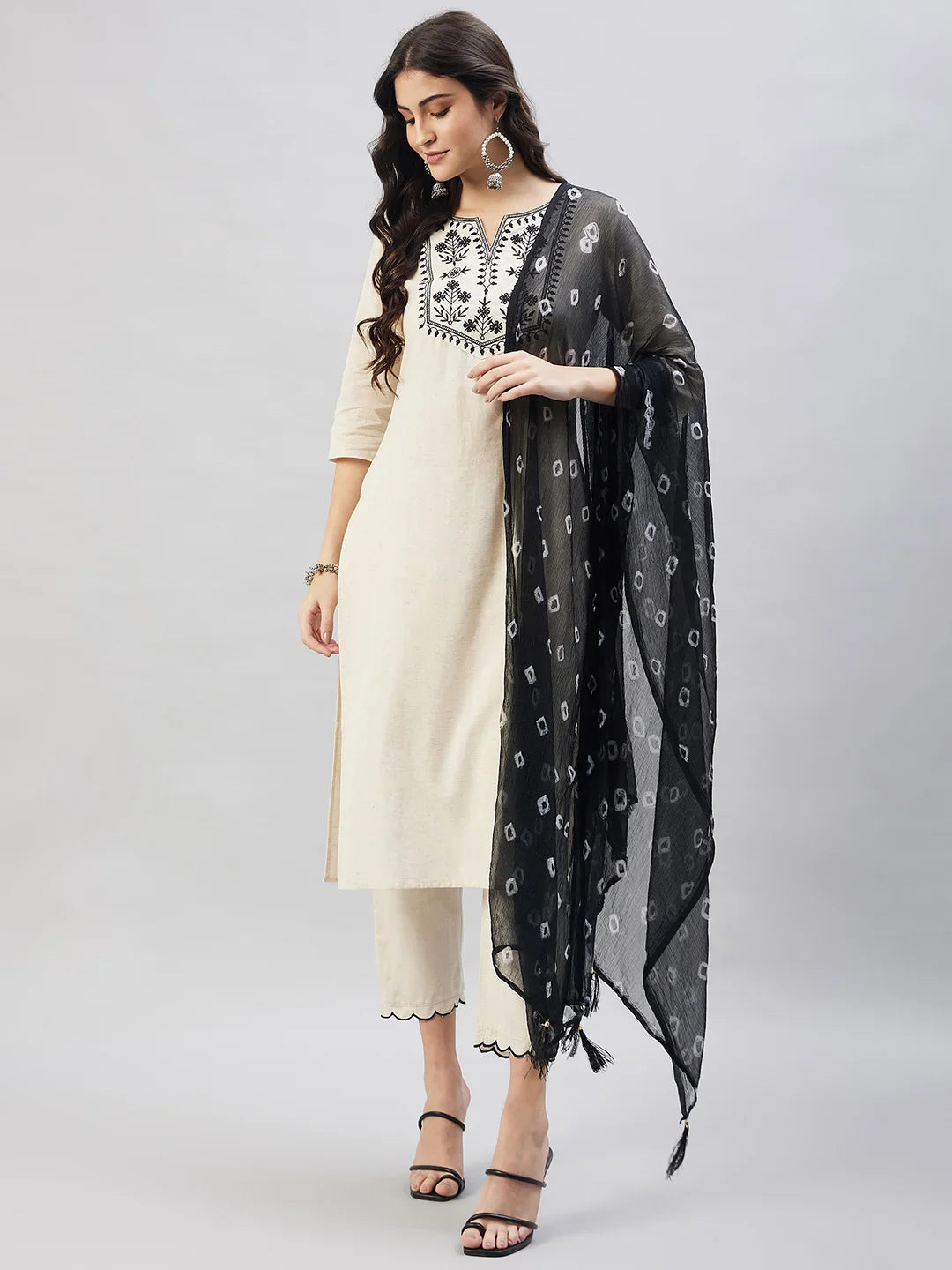 winered-beige-black-kurta-set-for-women-mirror-embroidery-with-chiffon-dupatta