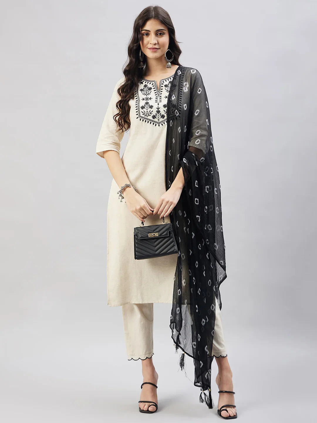 winered-beige-black-kurta-set-for-women-mirror-embroidery-with-chiffon-dupatta