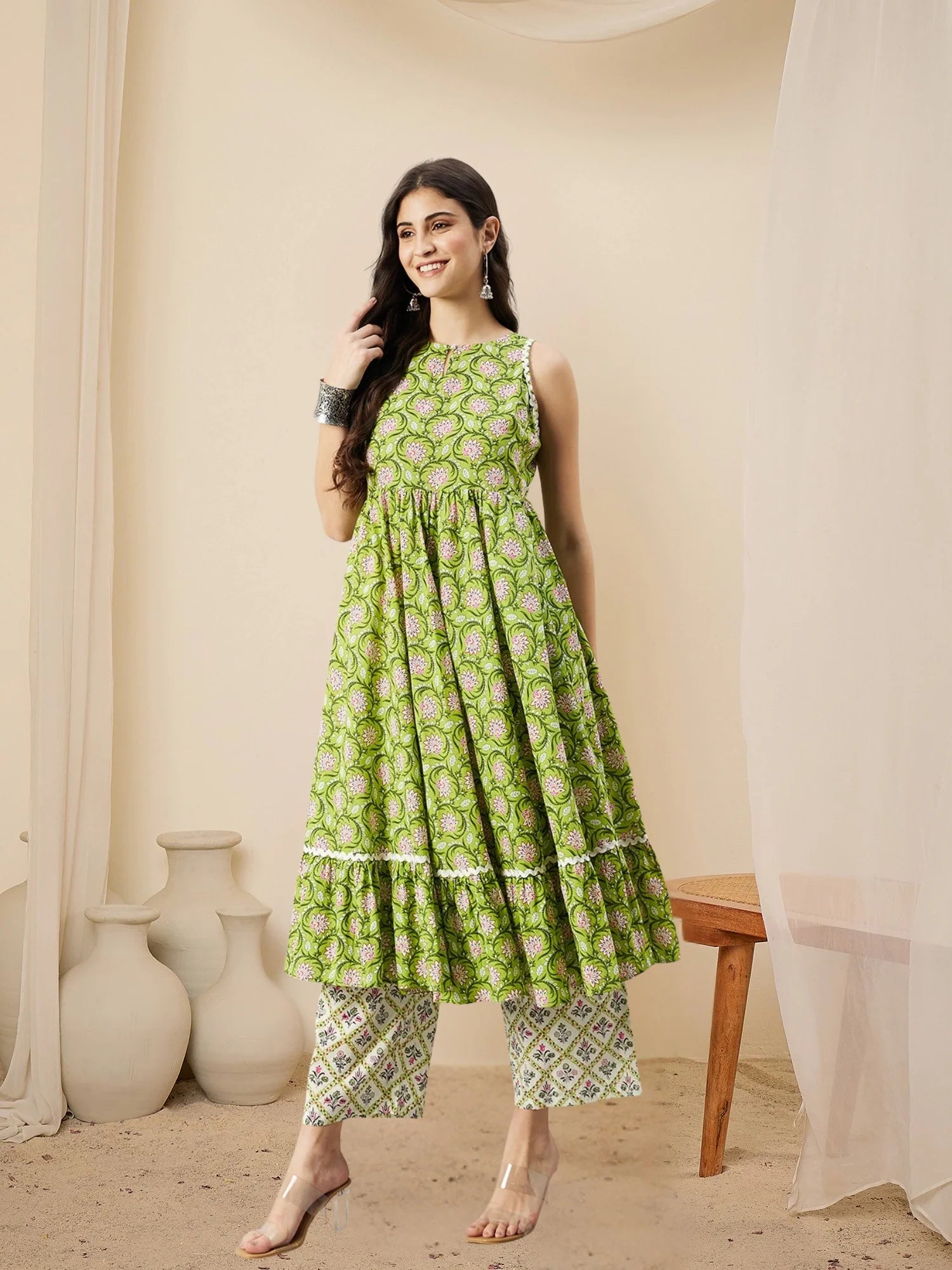 winered-woman-cotton-green-kurta-set-white-printed-flared