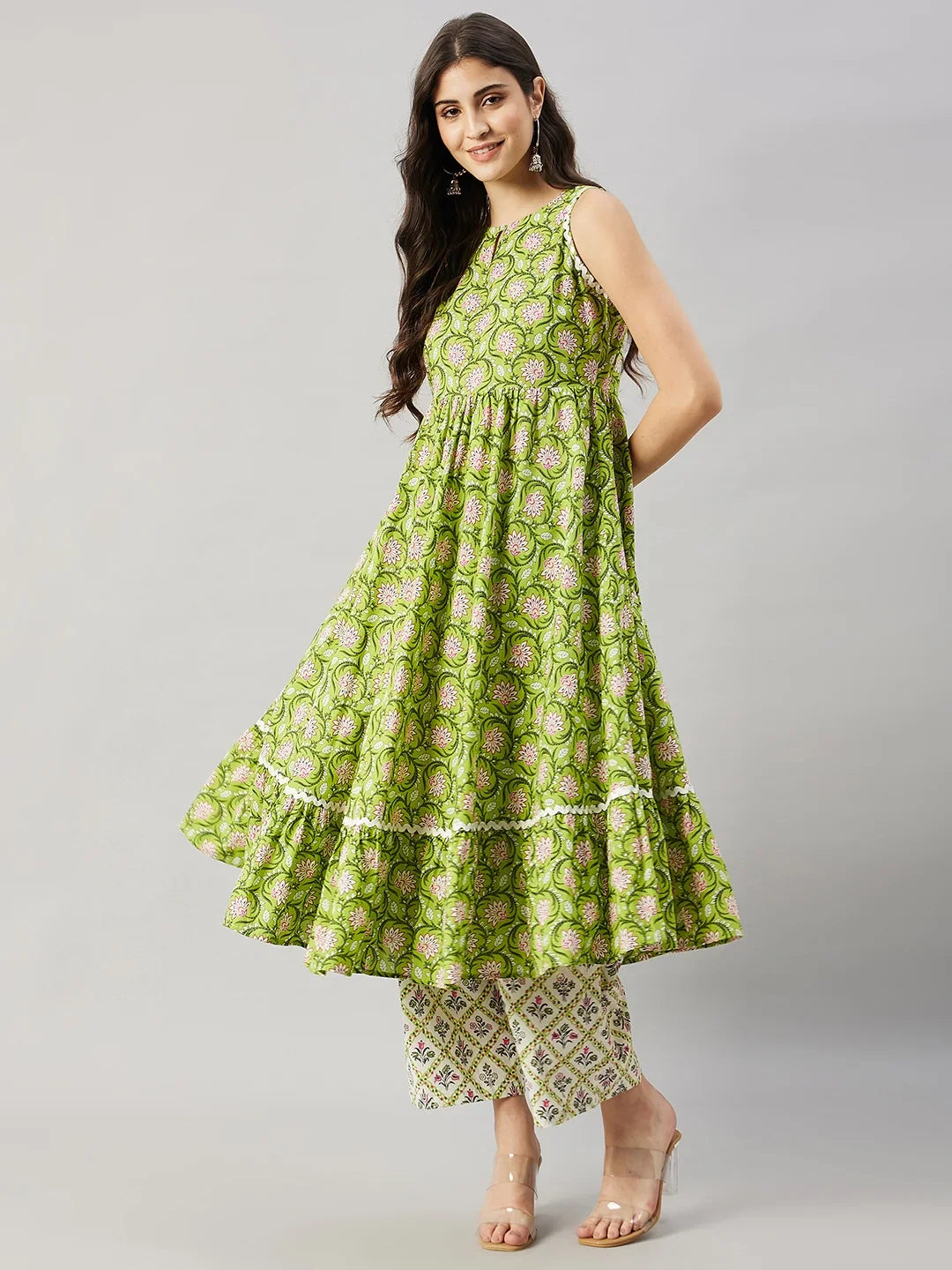 winered-woman-cotton-green-kurta-set-white-printed-flared