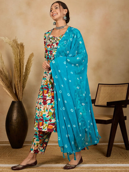 winered-woman-multicolor-abstract-print-ruched-yoke-flare-kurta-set-with-dupatta