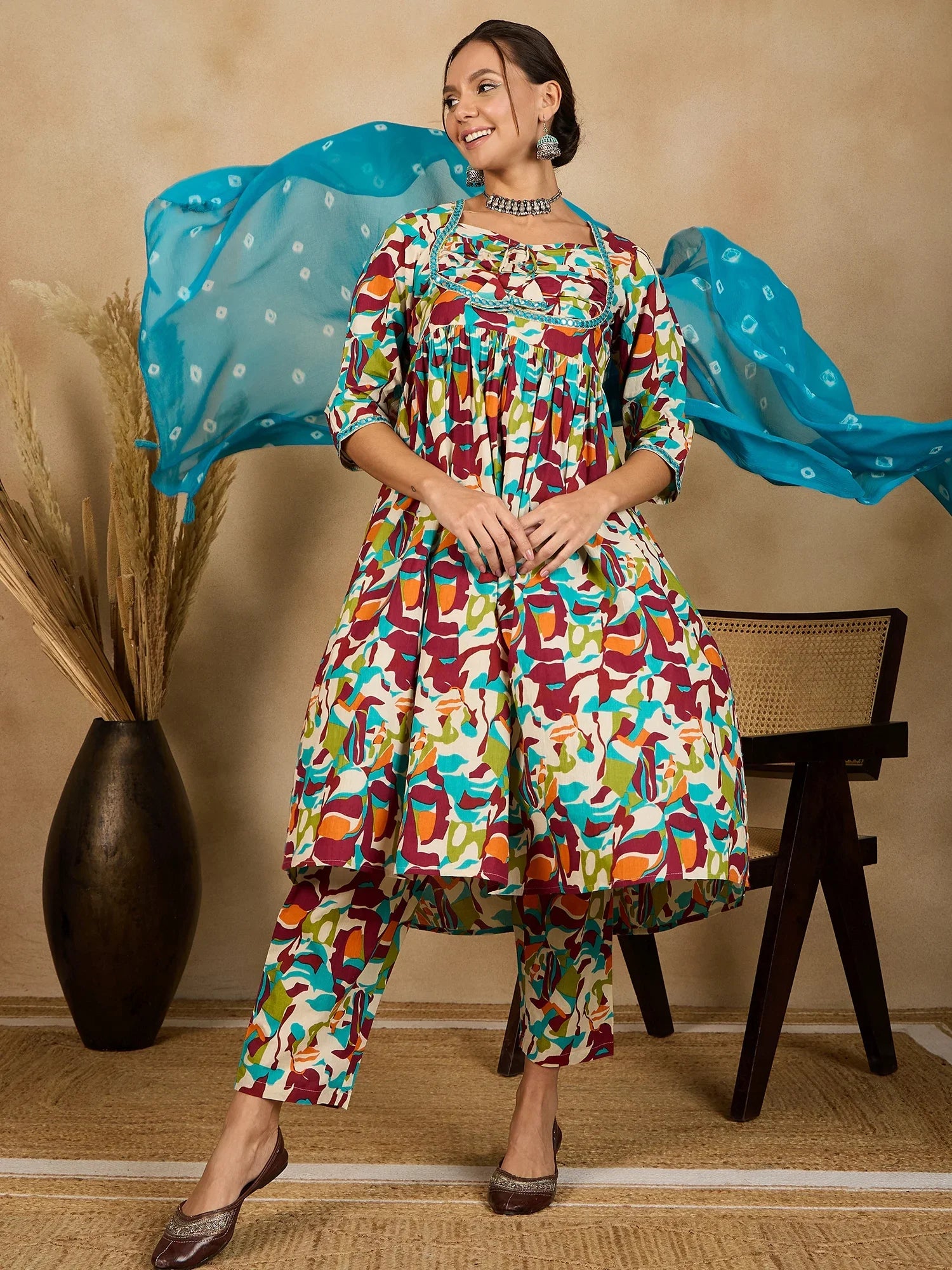 winered-woman-multicolor-abstract-print-ruched-yoke-flare-kurta-set-with-dupatta