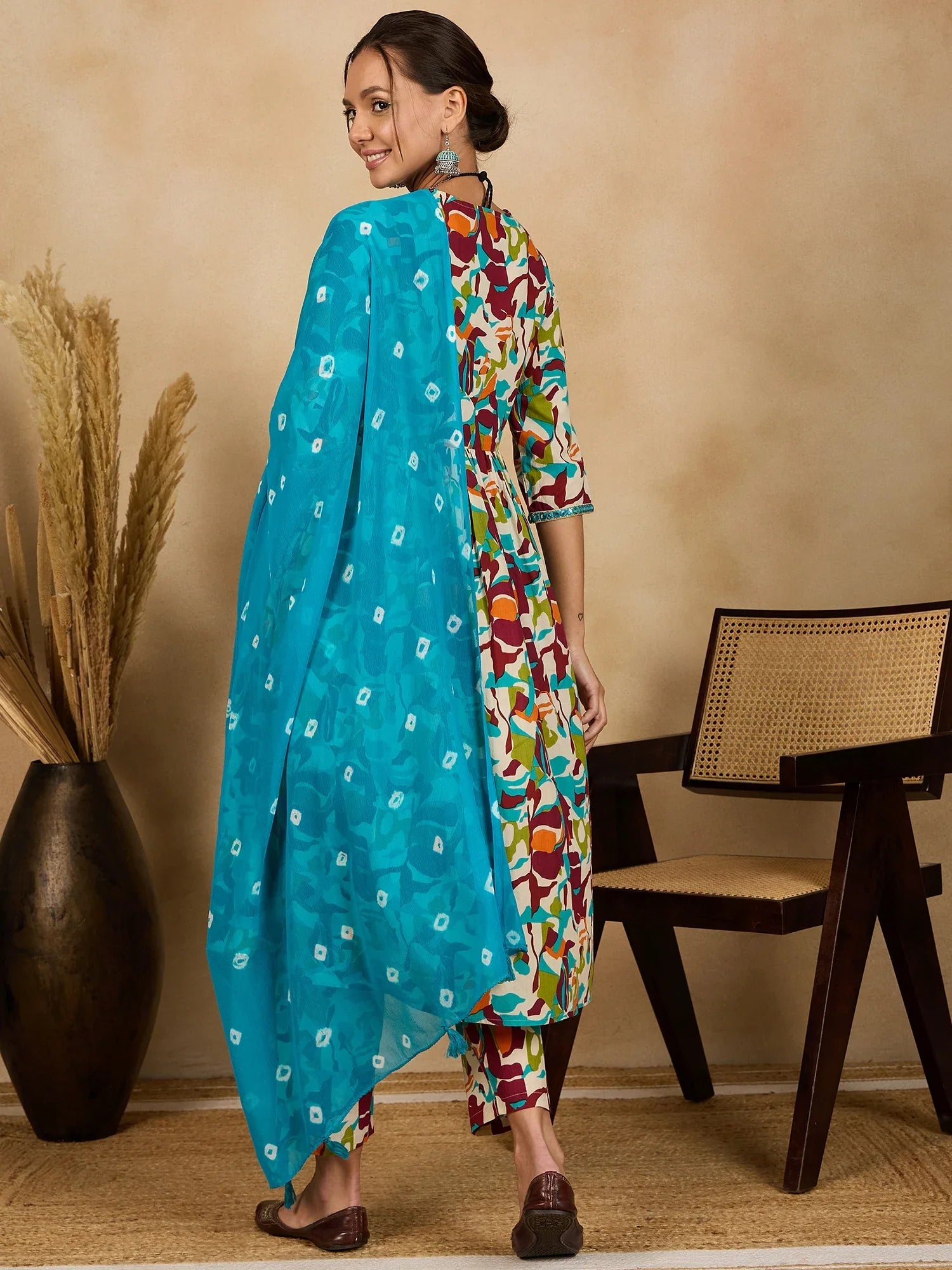 winered-woman-multicolor-abstract-print-ruched-yoke-flare-kurta-set-with-dupatta