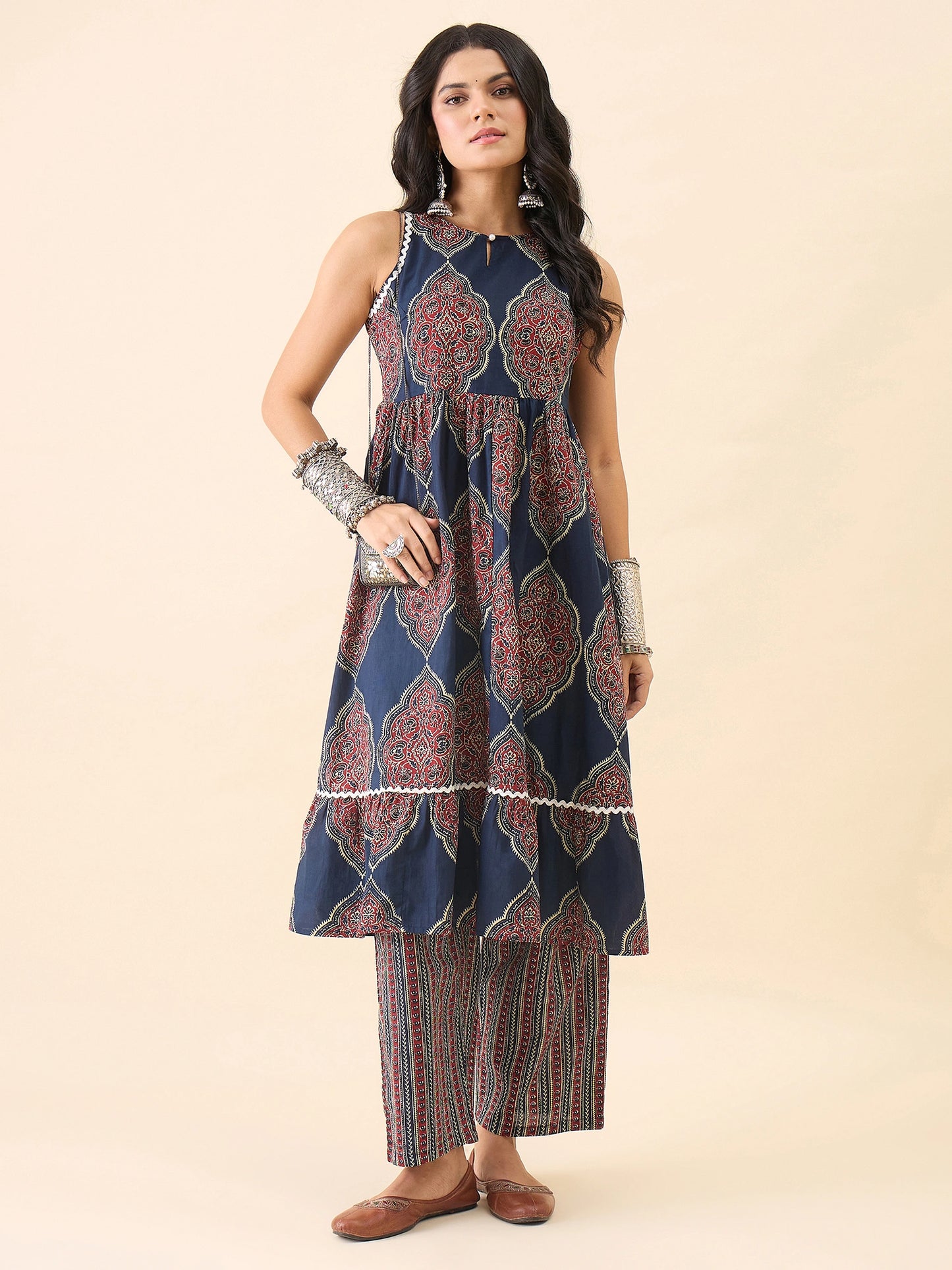 WineRed Women's Navy Blue Printed Sleeveless A-Line Kurta with Pant Set