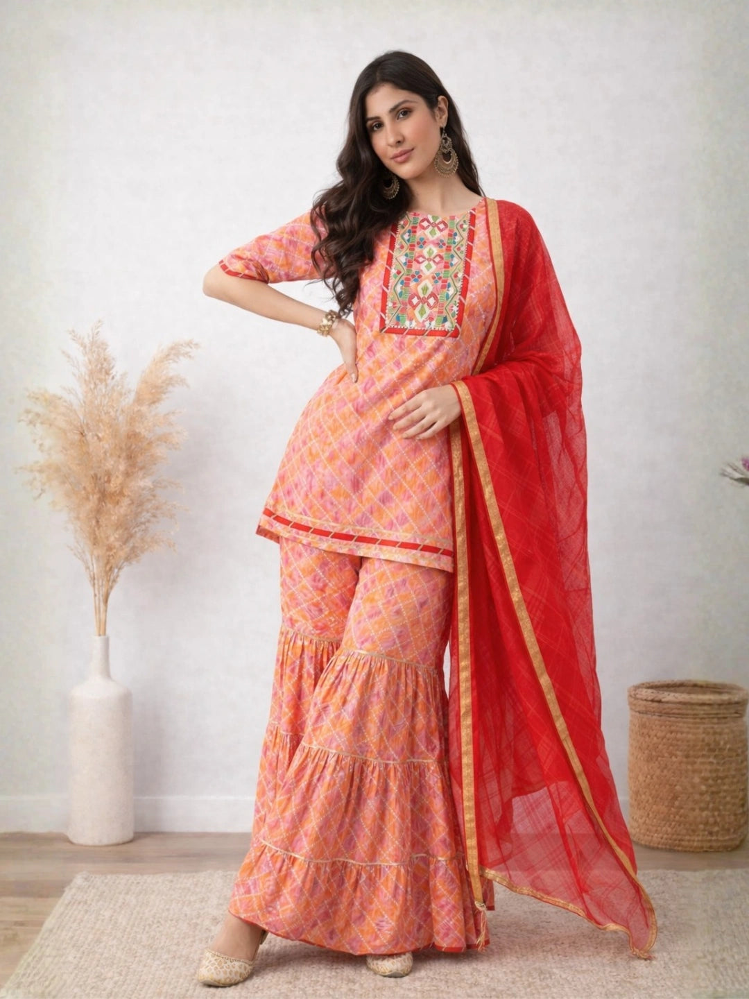 WineRed Woman Orange with Neck Embroiderey Sharara Set