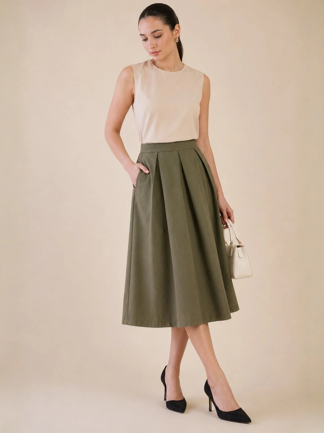 Women Olive Solid Pleated Flared Midi Skirt