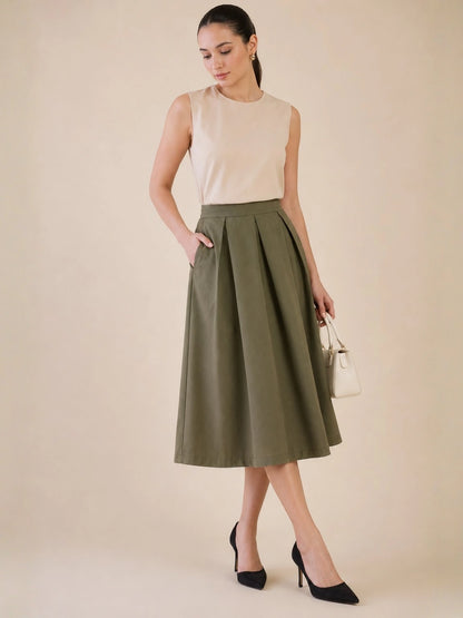 Women Olive Solid Pleated Flared Midi Skirt