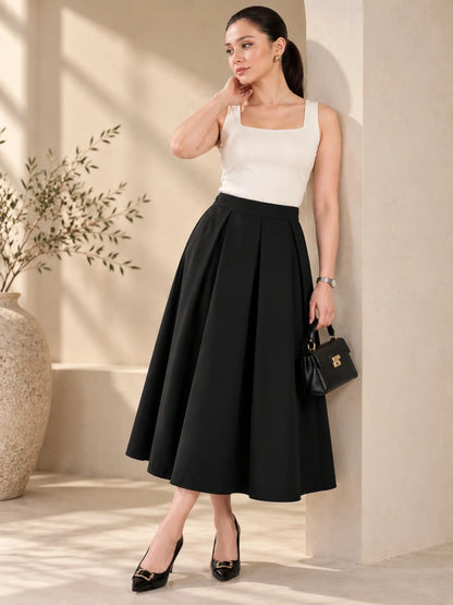 Women Solid Pleated Midi Skirt