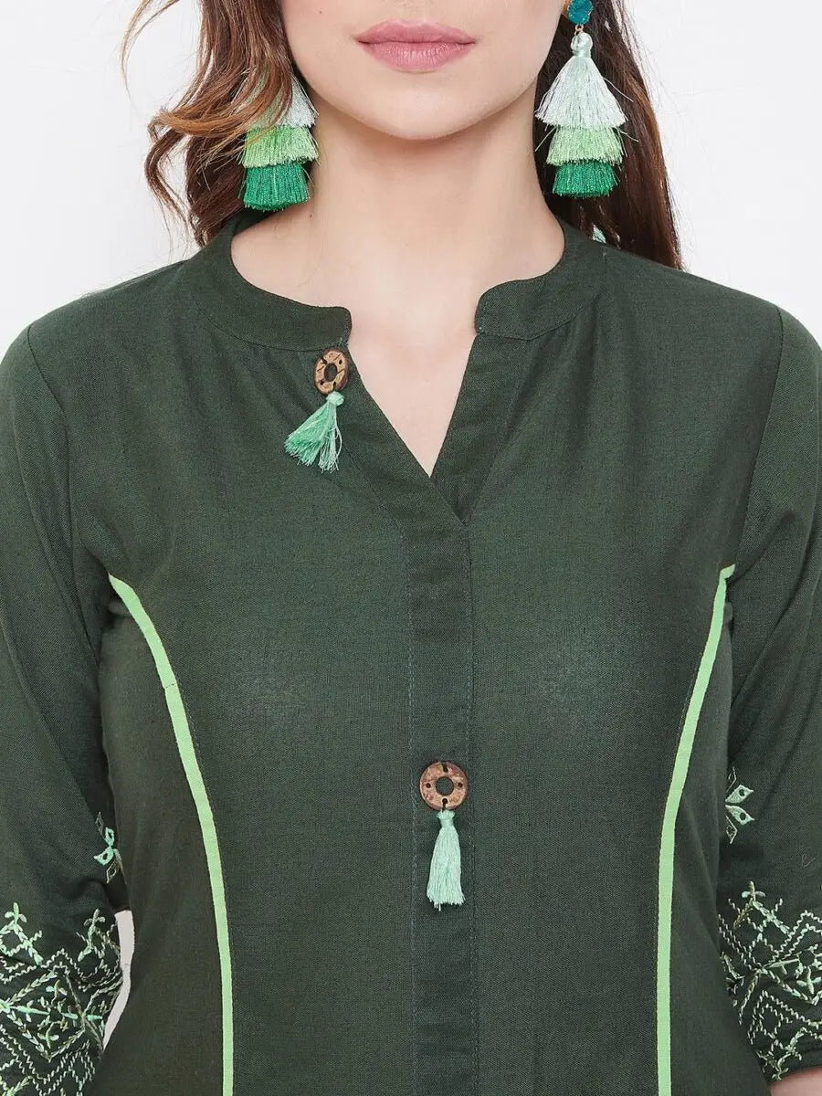 winered-dark-green-a-line-cotton-embroidered-kurta