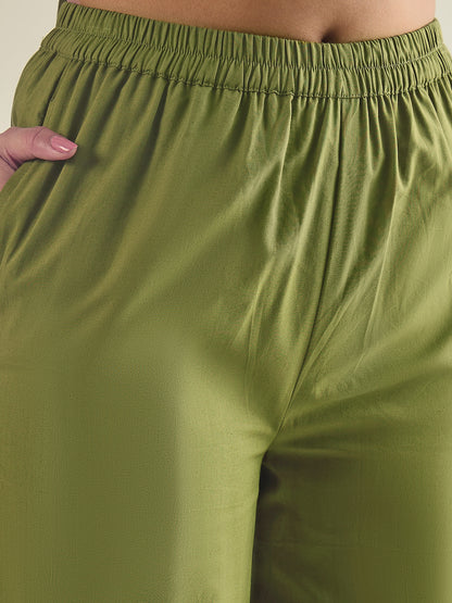 women-green-cotton-poplin-lace-detailed-tunic-with-pant-co-ord-set