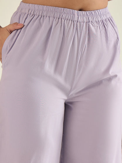 Women Lavender Cotton Embroidered Shirt with Pant Co-ord Set