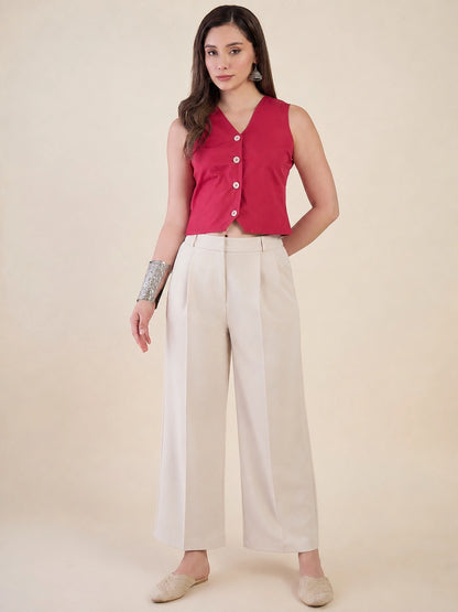 Women Solid Sleeveless V-Neck Waistcoat Top