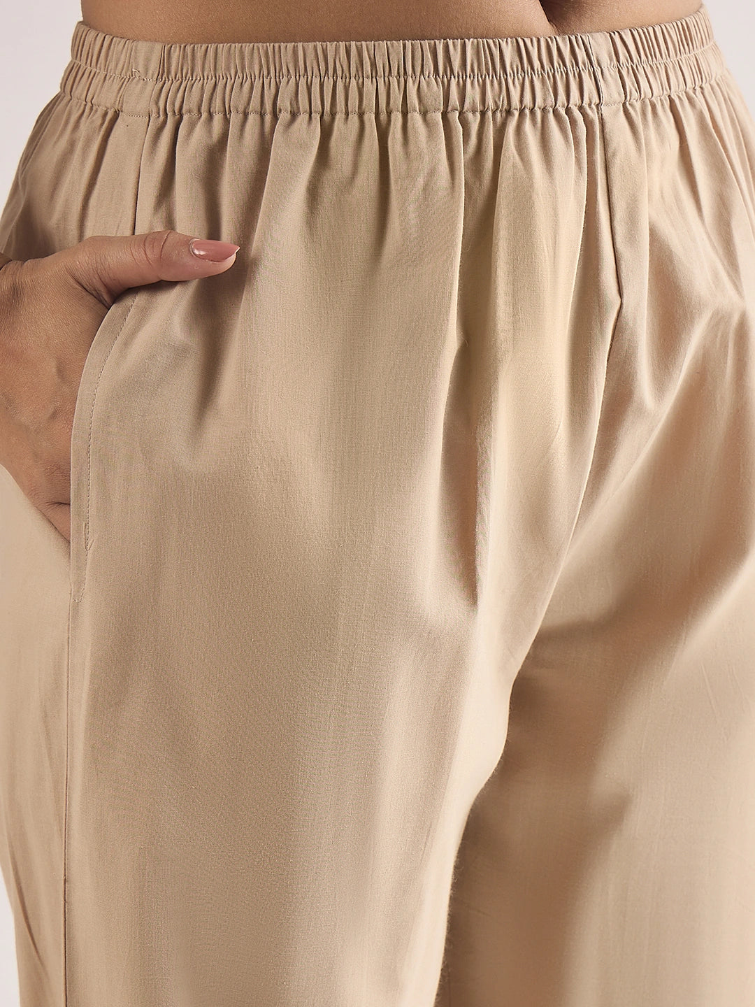 Women Beige cotton embroidered straight-cut kurta