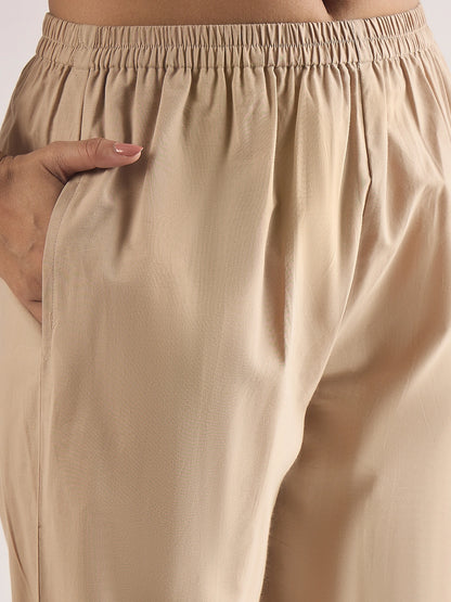 Women Beige cotton embroidered straight-cut kurta