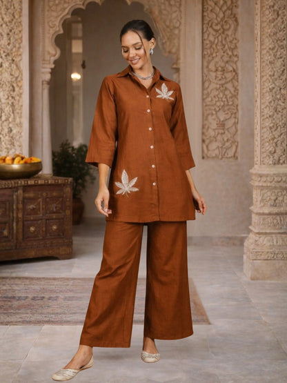 Women Solid Rust Leaf Embroidery Co-Ord Set