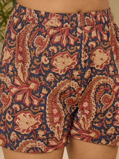 women-cotton-border-printed-shrug-with-shorts-2pc-set